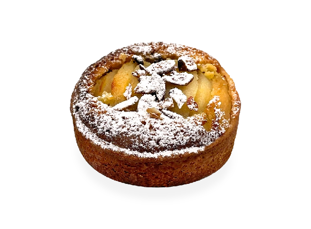 Delicious French tart with a buttery crust, filled with tender pear slices, and garnished with a sprinkle of cinnamon. Pierre and Michel your authentic French bakery
