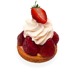 Delicious French tart with a buttery crust, filled with fresh and vibrant strawberry slices, and garnished with a drizzle of strawberry glaze. Pierre and Michel your authentic French bakery