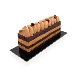 Image of a single serving of French Opera cake. Pierre and Michel your authentic French bakery