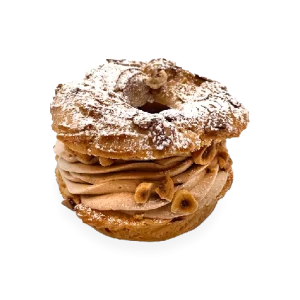 Image of a single serving of French Paris-Brest pastry. Pierre and Michel your authentic French bakery
