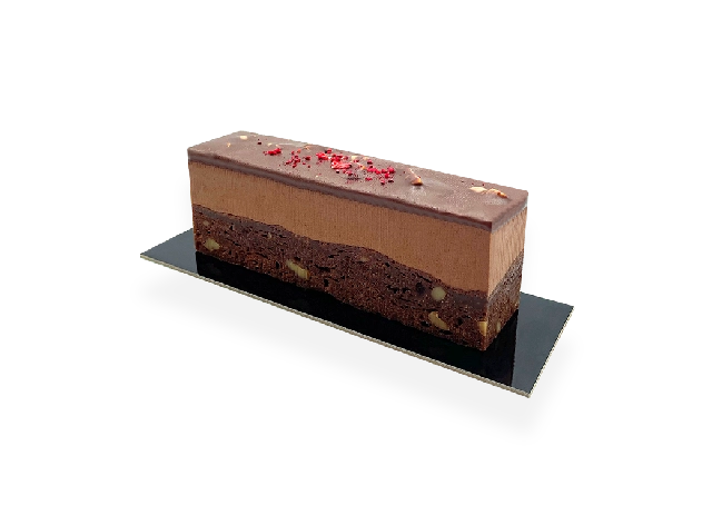 Image of a single serving of French brownie mousse dessert. Pierre and Michel your authentic French bakery