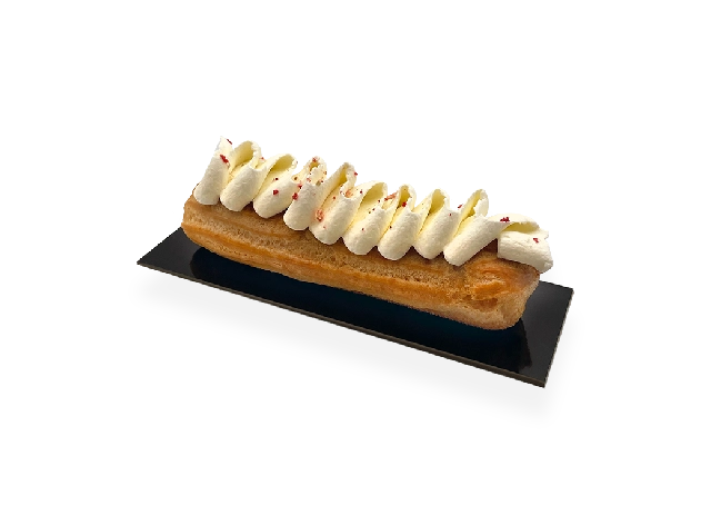 Decadent vanilla eclair with a light pastry shell, filled with creamy vanilla custard, and topped with a glossy layer of icing. Pierre and Michel your authentic French bakery