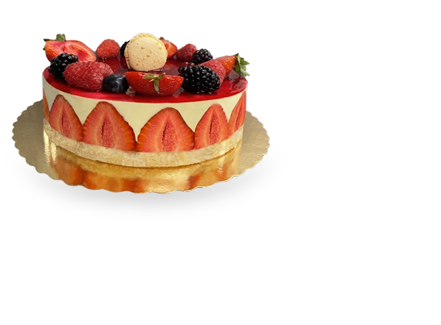 A stunning French Fraisier cake, featuring layers of delicate sponge cake, fresh strawberries, and a luscious vanilla cream filling