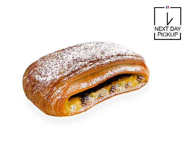 Image of a single serving of French pain suisse. Pierre and Michel your authentic French bakery