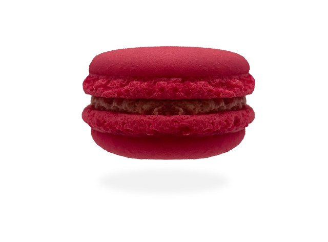 French raspberry macaron with a luscious raspberry filling, adorned with a fresh raspberry on top. by Pierre and Michel your authentic French bakery.