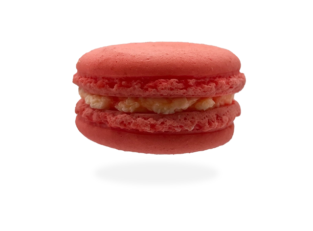 French rose macaron with a delicate rose-flavored filling, beautifully decorated with rose petals by Pierre and Michel your authentic French bakery.