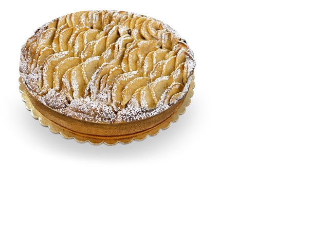A slice of French apple cake, showcasing layers of moist cake filled with tender apples and dusted with powdered sugar.