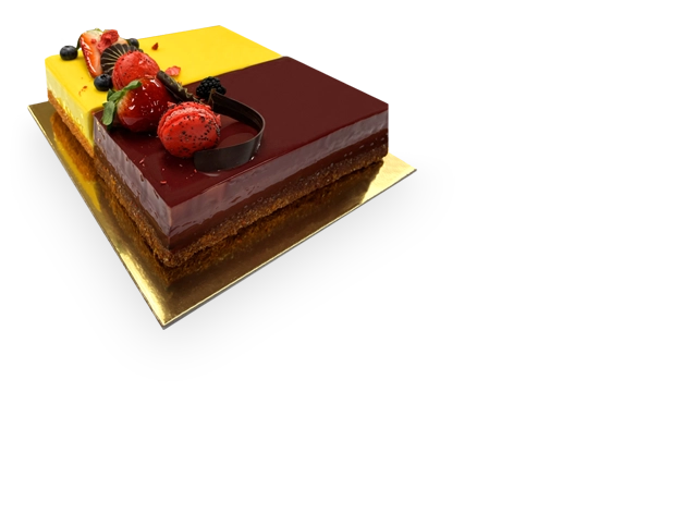 A beautifully decorated duo cake with two layers, featuring flavors of Metisse and Passion, adorned with colorful frosting flowers and birthday candles.