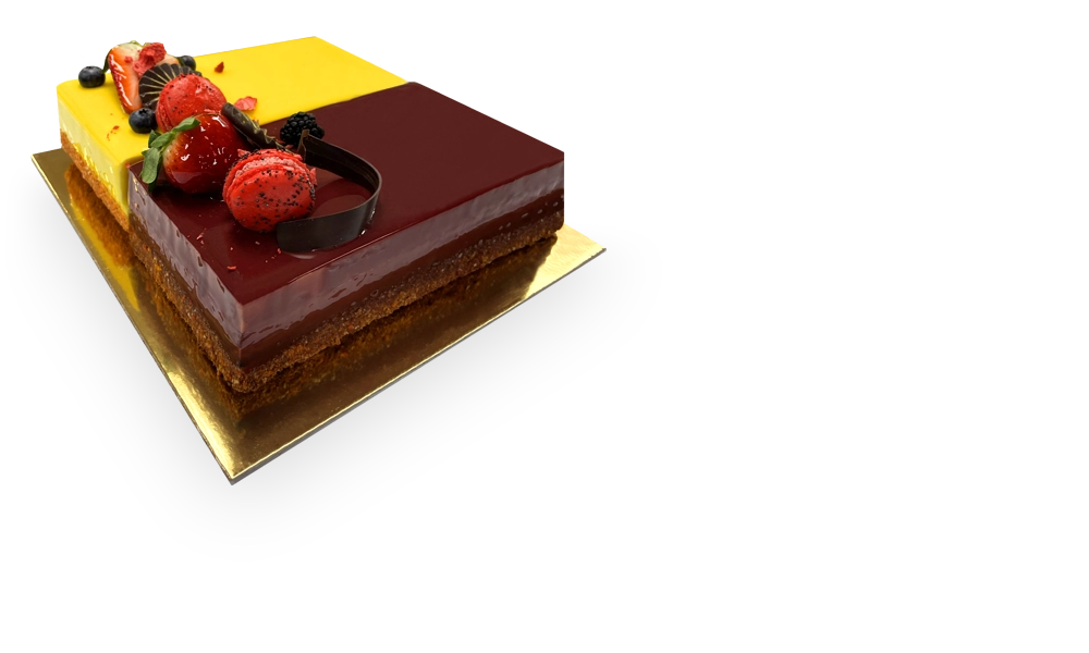 A beautifully decorated duo cake with two layers, featuring flavors of Metisse and Passion, adorned with colorful frosting flowers and birthday candles.