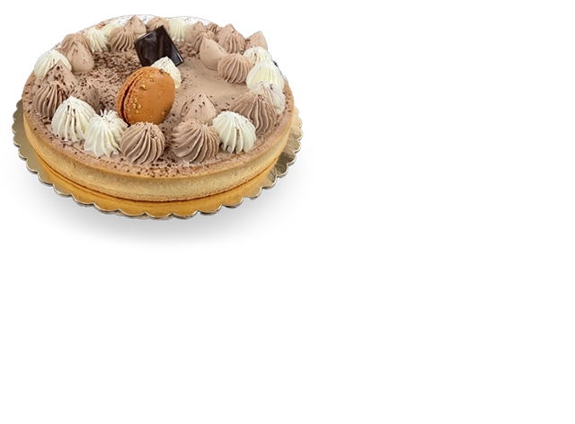 A close-up image of Pierre and Michel's Hazelnut Crunch Chocolate Tart, showcasing layers of rich dark, milk, and white chocolate with a tantalizing hazelnut crunch.