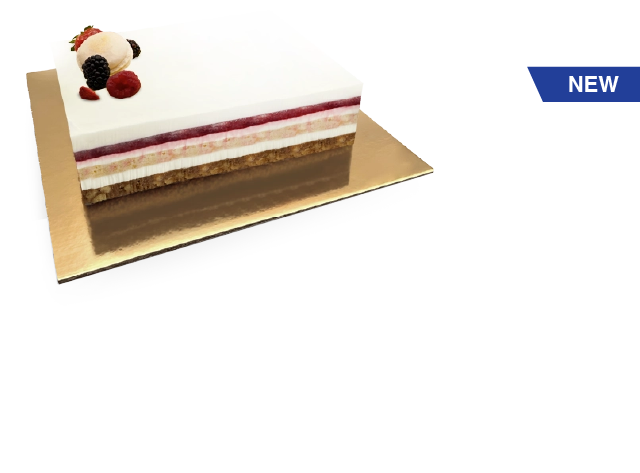 White Chocolate Vanilla Mousse Cake with raspberry and strawberry filling, almond sponge cake, almond crunchy, and decorative assortments of chocolate, macarons, and fruits.