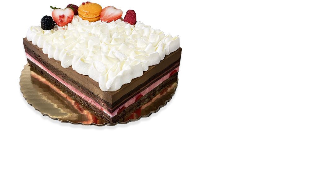 Pierre & Michel Black Forest cake topped with Chantilly cream and cherries