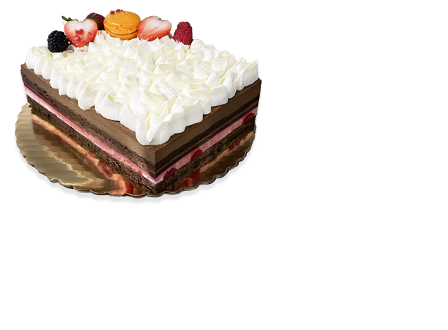 Pierre & Michel Black Forest cake topped with Chantilly cream and cherries